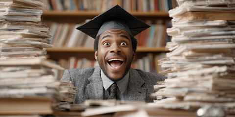 A young student beams with joy after receiving outstanding exam results surrounded by books in a sunlit campus library