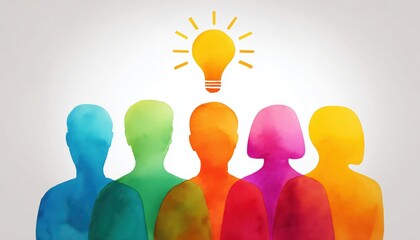 Innovative Community, Joint Understanding, Collaborative Intelligence Displayed. Three Individuals With Light Bulb Symbol Above Heads. Iconography On A White Background.