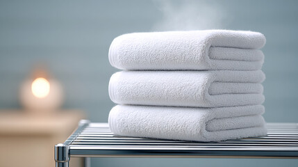 Industrial laundry room with stack of fresh white towels on metal shelf