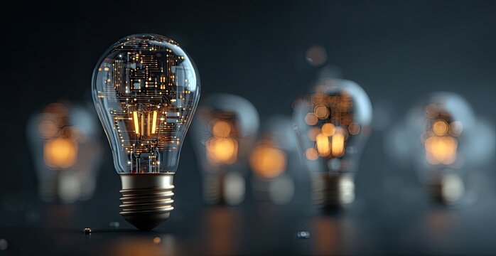 A close-up of a light bulb with a glowing circuit board inside, with blurred bulbs in the background