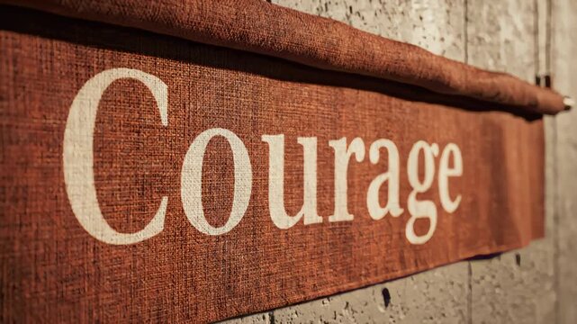 Camera Pans Across Banner Showing the Word Courage on Concrete Wall