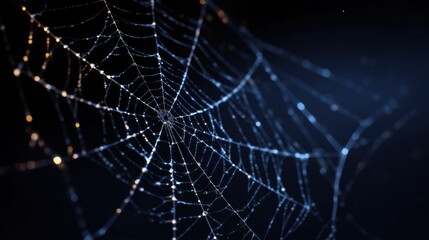 Naklejka premium Detailed Spider Web with Dew Drops on a Dark Background