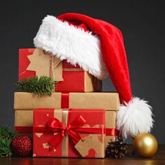Ensemble de paquets-cadeaux de Noël surmontés d'un bonnet rouge et blanc de Père Noël. Isolés sur fond noir. Generated Image. 