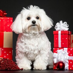 Petit bichon maltais assis au milieu de paquets-cadeaux  de Noël. Isolé sur fond noir. Generatd image. 