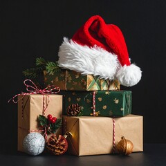 Ensemble de paquets-cadeaux de Noël surmontés d'un bonnet rouge et blanc de Père Noël. Isolés sur fond noir. Generated Image. 