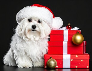Petit bichon maltais assis au milieu de paquets-cadeaux  de Noël. Isolé sur fond noir. Generatd image. 
