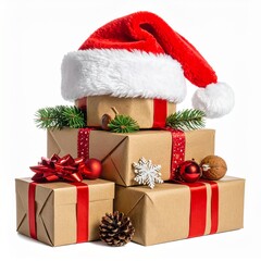 Ensemble de paquets-cadeaux de Noël surmontés d'un bonnet rouge et blanc de Père Noël. Isolés sur fond noir. Generated Image. 