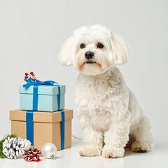 Petit bichon maltais assis à côté d'une pile de paquets-cadeaux de Noël. Isolé sur fond blanc. Generated Image. 