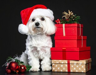 Petit bichon maltais coiffé d'un bonnet de père Noël rouge et blanc, assis au milieu de paquets-cadeaux. Isolé sur fond noir. Generated Image. 