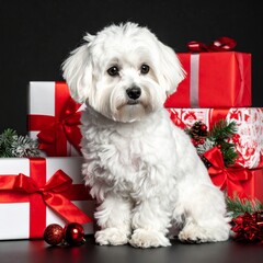 Petit bichon maltais assis au milieu de paquets-cadeaux  de Noël. Isolé sur fond noir. Generatd image. 