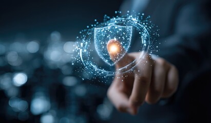 A hand interacting with a glowing digital shield icon, suggesting data protection and cybersecurity