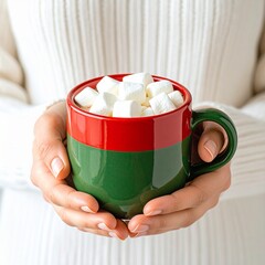Jeune femme tenant dans ses mains une tasse de chocolat chaud de Noël avec guimauves. Generated Image. 