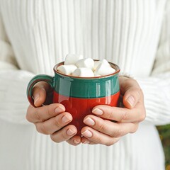 Jeune femme tenant dans ses mains une tasse de chocolat chaud de Noël avec guimauves. Generated Image. 