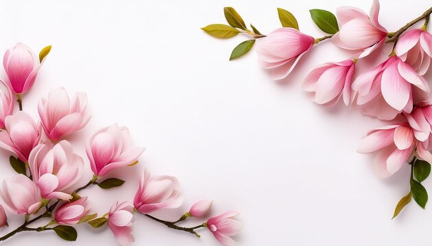 pink magnolia flowers branch in a corner border spring flowers on a white background
