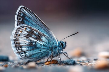 Obraz premium A detailed closeup shot of a small blue butterfly perched on the ground