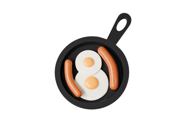 3d frying pan with eggs and sausages icon. breakfast brunch concept. Minimal cartoon skillet meal cook set for restaurant menu banner. isolated on white background. 3d render.