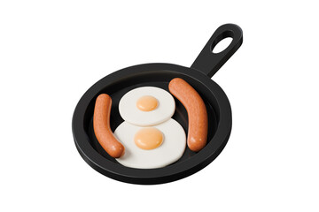 3d frying pan with eggs and sausages icon. breakfast brunch concept. Minimal cartoon skillet meal cook set for restaurant menu banner. isolated on white background. 3d render.