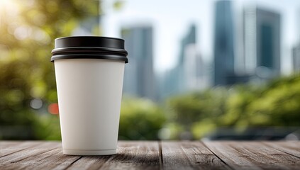 A white coffee cup with a black lid rests on a wooden table, blurry cityscape behind