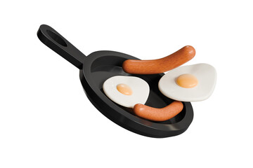 3d frying pan with eggs and sausages icon. breakfast brunch concept. Minimal cartoon skillet frypan brunch set for restaurant menu banner. isolated on white background. 3d render.