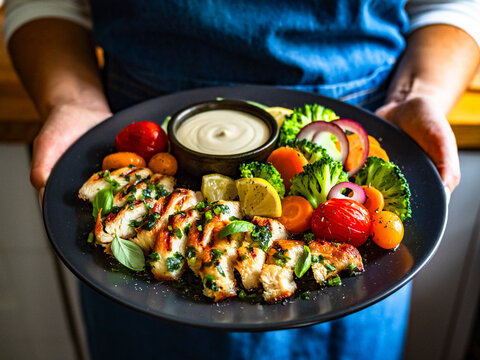 Woman holding plate with grilled chicken breast, mayonnaise and vegetables, close-up