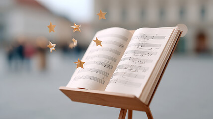 Music sheet with turning pages on stand and floating stars, perfect for musical inspiration and creativity