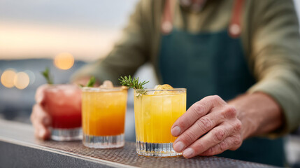 Personalized bartender experience with colorful cocktails in green apron