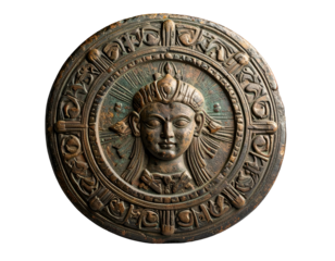 Ancient, bronze relief of a regal face, ornate with radiating sunburst, round