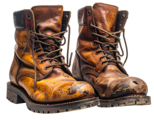 A worn pair of leather work boots, standing side by side
