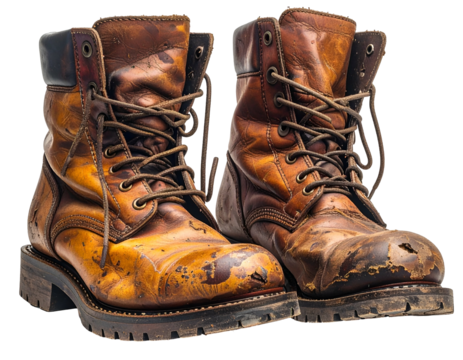 A worn pair of leather work boots, standing side by side
