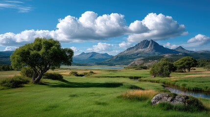 Obraz premium Lush Green Countryside Landscape With A Gentle Stream Flowing Through A Meadow Under A Bright Blue Sky With Fluffy White Clouds And Distant Rocky Mountains