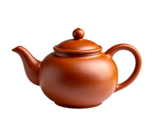 A small, round, brown teapot with a spout and curved handle, isolated