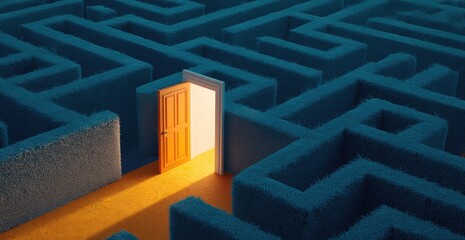 An illuminated doorway offering a clear escape from a densely packed, teal-colored hedge maze