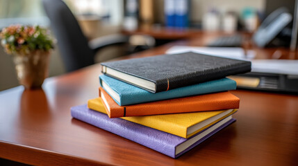 Stack of colorful notebooks on wooden desk, showcasing vibrant covers and cozy office atmosphere