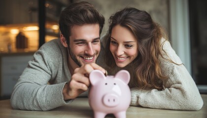Cheerful Husband And Wife Putting Money In Piggy Bank For Household Budgeting And Family Finances. Spacious Image For Personalization.