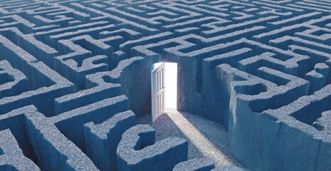 3D rendering depicts an intricate maze with a bright doorway illuminating an exit path