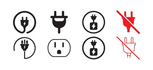 Electrical power icon set. Connection. socket with a plug. electric plug logo. plug icon. monochrome icon.  grounded power icon. vector illustration eps 10