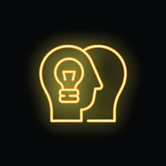 Neon icon showing a man with a lightbulb inside his head facing another man, symbolizing idea sharing