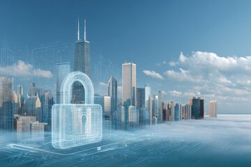 Composite image City skyline, floating digital padlock, with a low-lying cloud bank, bright blue sky