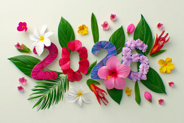Floral arrangement forming the digits of a year with leaves and colorful tropical flowers