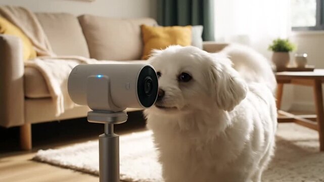 A cute white dog curiously looks at a pet camera on a tripod in a cozy living room.