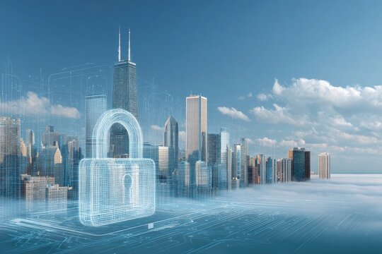Composite image City skyline, floating digital padlock, with a low-lying cloud bank, bright blue sky
