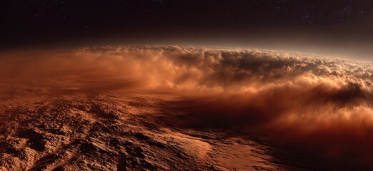 A view of a rocky planet's surface with swirling dust and clouds, under a starry night sky