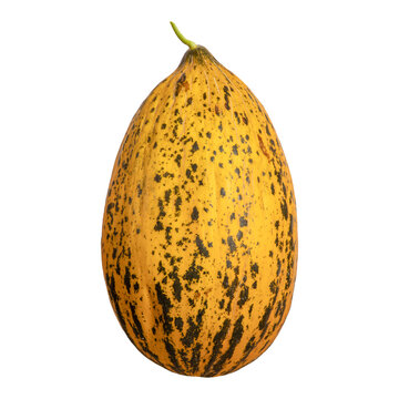 Bright Black-Spotted Yellow Melon on a White Background, Isolated for Food, Market, and Recipe Uses.