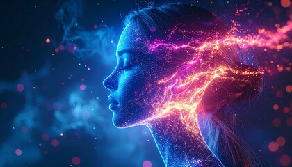 A glowing humanoid silhouette made of light particles dissolving into data streams, neural pathways expanding outward, neon blue and magenta hues, surreal energy, cinematic 8K.