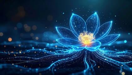 A digital flower blooming from binary code roots, made of luminous lines and fractal petals, glowing with inner intelligence, AI rebirth aesthetic.