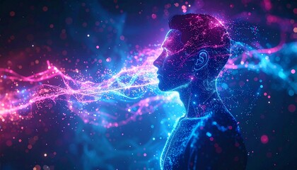 A glowing humanoid silhouette made of light particles dissolving into data streams, neural pathways expanding outward, neon blue and magenta hues, surreal energy, cinematic 8K.