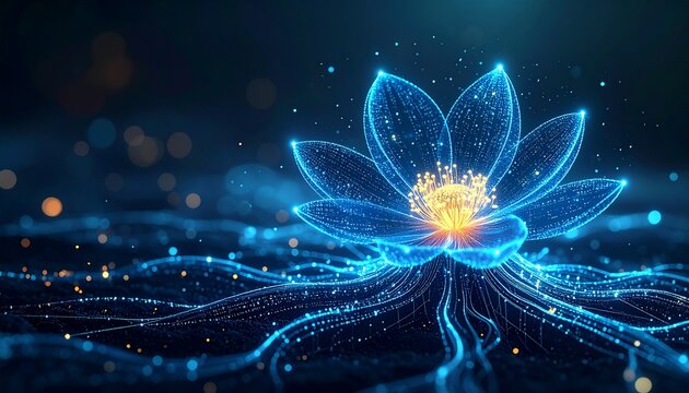 A digital flower blooming from binary code roots, made of luminous lines and fractal petals, glowing with inner intelligence, AI rebirth aesthetic.