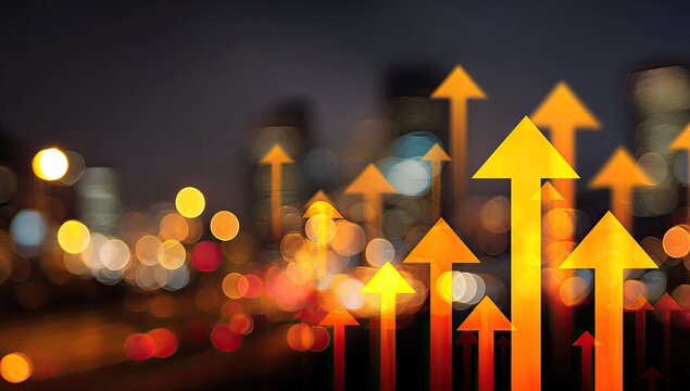 Glowing yellow arrows ascending over a blurred cityscape at night