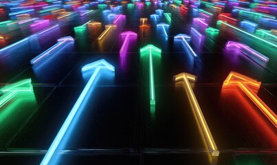 Abstract rendering of upward-pointing arrows in various neon colors on a grid