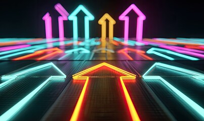 Neon arrow symbols pointing upwards, glowing with vibrant colors against a dark background